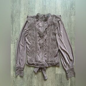 Daytrip Tan Puff Sleeve Blouse with Ruffled Tie Front